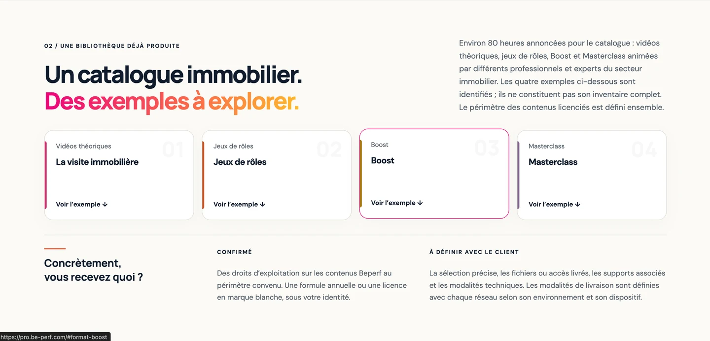 Catalogue officiel Beperf et exemples de contenus destinés aux organisations immobilières.